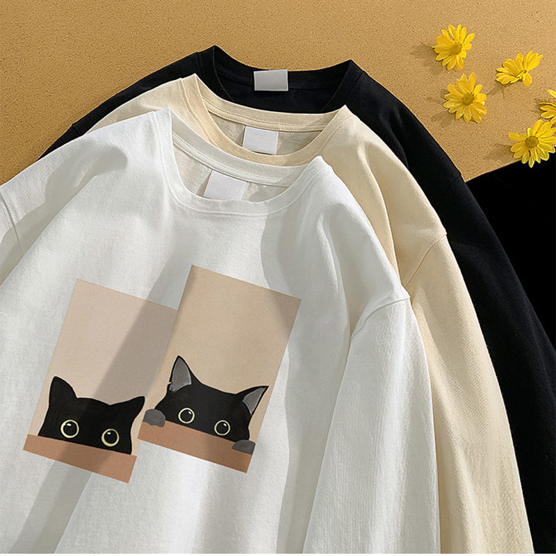 【SENSUシリーズ】★Tシャツ★ 5color 長袖Tシャツ 男女兼用 メンズ 大きいサイズ 猫 ねこ プリント コットン