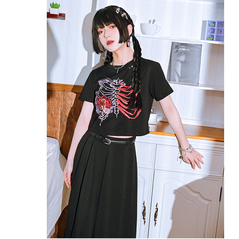 [Kogaesha---Flower Bone Series] ★Chinese-style tops★ 2 colors Short-sleeved T-shirt Print Unique Original Women's Black Red Gray