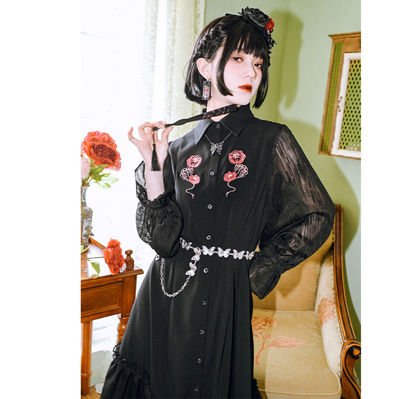 [Kokaisha---Hanabone Series] ★Chinese-style dress★ Long dress, unique, original, embroidered, puff sleeves