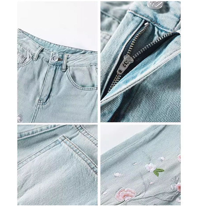 [OURI Series] ★Denim pants★ Trousers Bottoms Floral pattern Casual Easy to match Ladies Fashionable