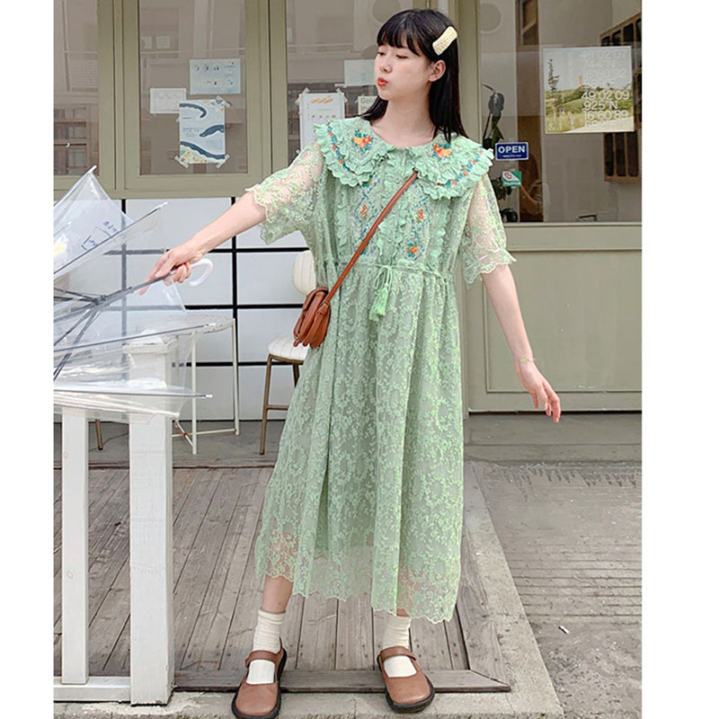 [MUCHA Series] ★One Piece★ Lace Embroidery Ladies Cute Temperament Up Date Commuting Green Green