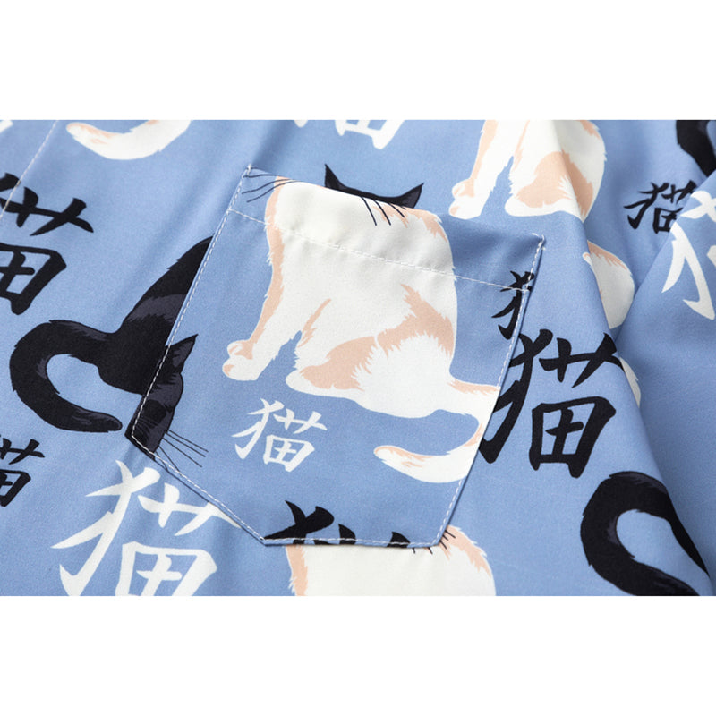 【TRAVEL ISSUANCEシリーズ】★シャツ★ 半袖シャツ トップス 猫 猫柄 ねこ ネコ 男女兼用 メンズ M L XL 2XL レディース 夏服 ブルー 青い