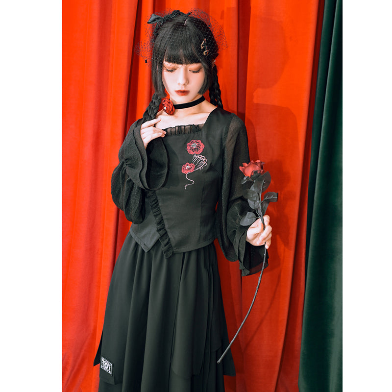 [Kokaisha---Eyeball Rose Series] ★Chinese style skirt★ Bottoms Chinese clothing S M L XL Easy to match Black Black Irregular