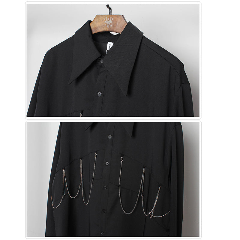 [WL Series]★Shirt★ Tops Long Sleeve Shirt Chain Unisex Men's Black Harajuku Style