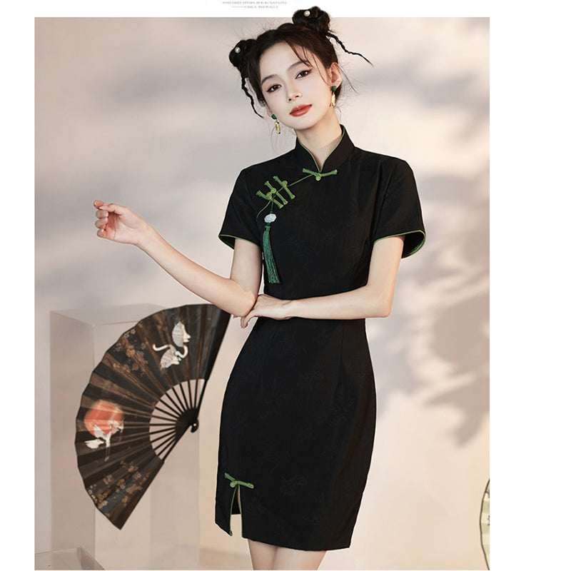 [HANYUNSHI series]★China dress★ Chinese style dress, short sleeves, short length, black, black