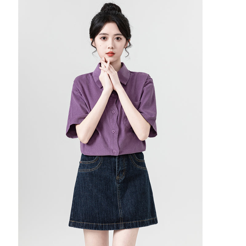 [WEIWU Series] ★Shirt★ 2 colors Short sleeve Tops for women Easy to match Improve your style Purple Beige