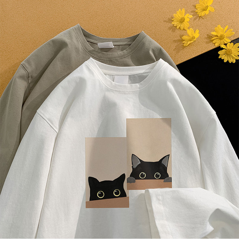 【SENSUシリーズ】★Tシャツ★ 5color 長袖Tシャツ 男女兼用 メンズ 大きいサイズ 猫 ねこ プリント コットン