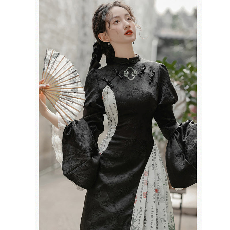 [Ink year flower series] ★China style dress★ Improved cheongsam dress Switching Letter pattern Kanji pattern Black Black