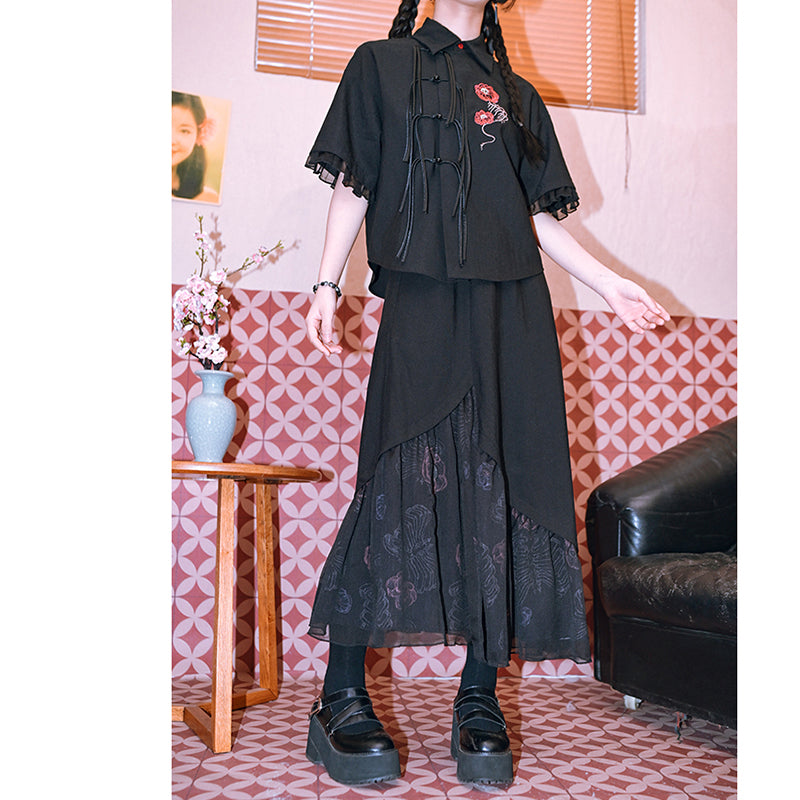 [Kokaisha Series] ★China style pants★ Chiffon gaucho pants Spring/Summer Loose Black Black SML XL