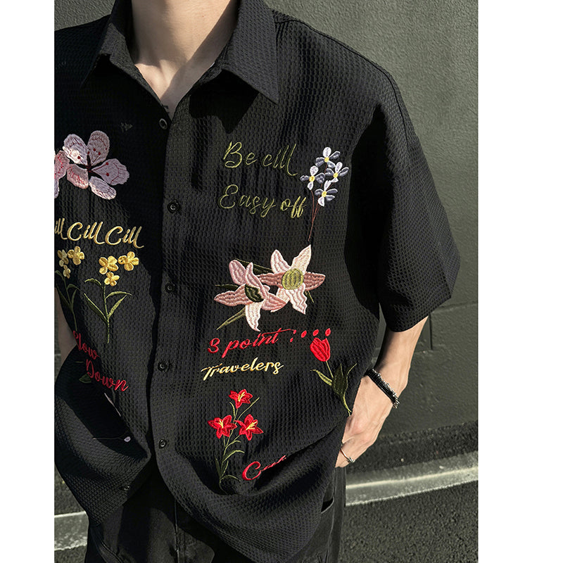 [NANSHI Series]★Shirt★ 2color Tops Embroidery Floral Pattern Short Sleeve Unisex Men's Casual Retro