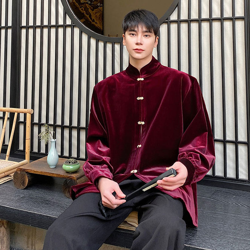 [Illustrated series] ★China style shirt★ 2color long sleeve shirt tops velvet unisex men's black wine red