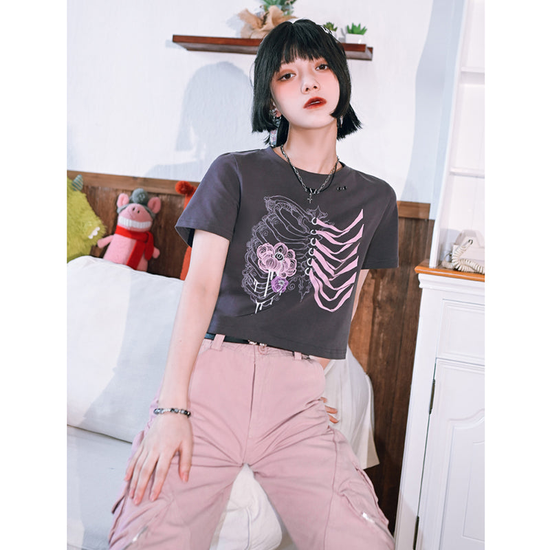 【古怪舍---花骨シリーズ】★チャイナ風トップス★ 2color 半袖 Tシャツ プリント 個性的 オリジナル レディース 黒 赤 灰