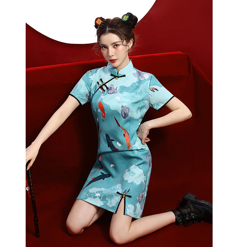 [MOMO Series]★Cheongsam dress★ Chinese style dress, short sleeves, short length, retro blue, blue