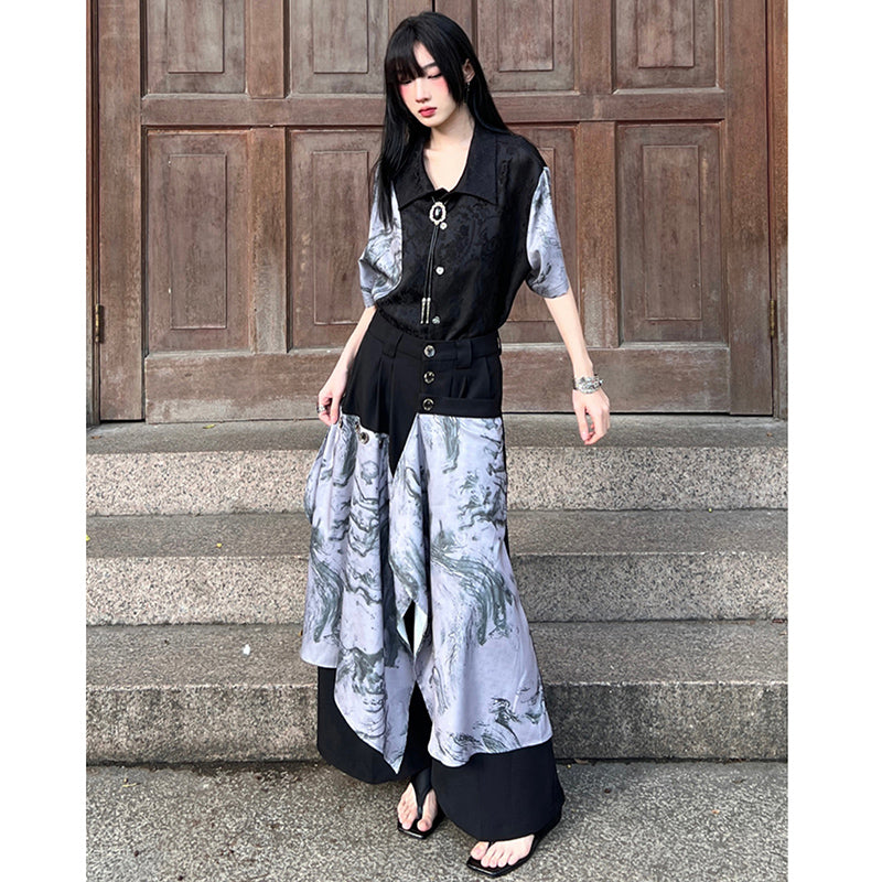 [Illustrated series]★China style pants★Bottoms China button black black unisex men's casual pants