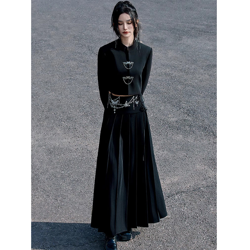 [Yunman slanted hairpin series] ★China style skirt★ Skirt with chain Bottoms Long skirt Chinese clothes Slimming black Black