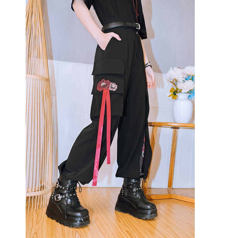 [Kokaisha Series] ★China style pants★ Chiffon gaucho pants Spring/Summer Loose Black Black SML XL