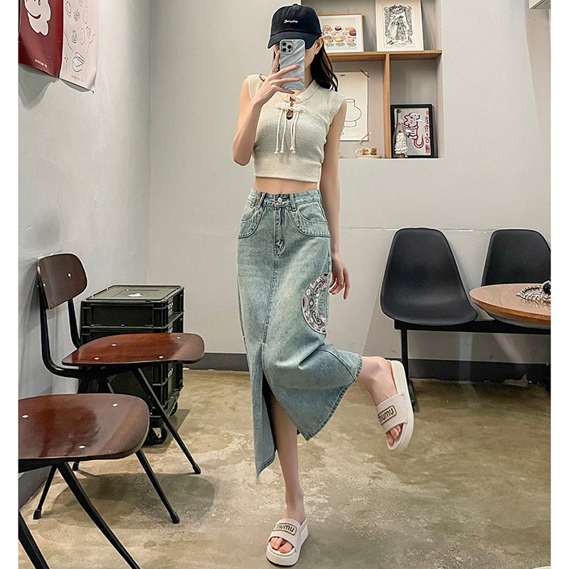 [TUANTUAN Series] ★Chinese-style skirt★ Denim skirt Bottoms Embroidery Women's Easy to match