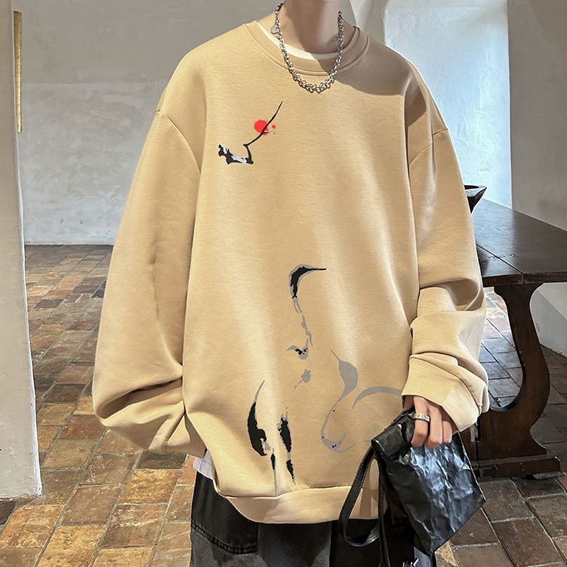 [WUSHE Series]★China Style Tops★ 4color Long Sleeve Tops Sweatshirt Unisex Men's Large Size Crane Tsuru Tsuru