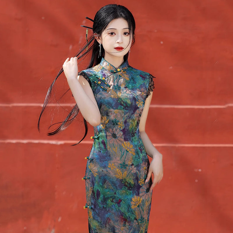 [HLQ Series] ★Chinese Dress★ Chinese-style dress, floral pattern, retro, Republic of China style, long length, switching, slimming