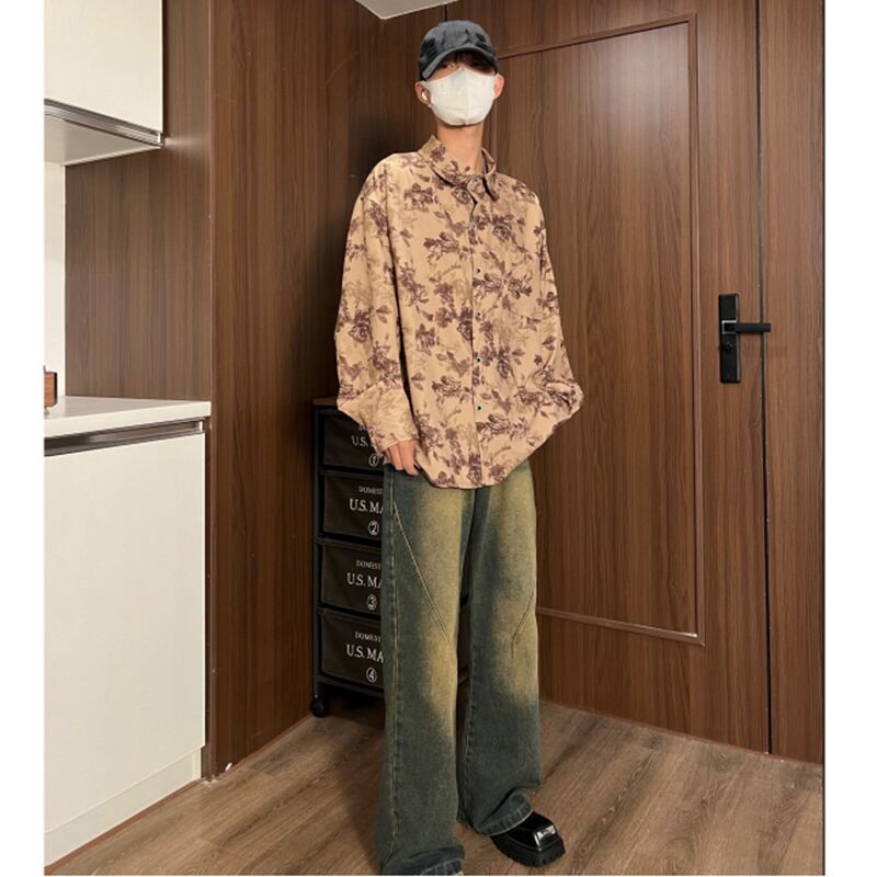 [HUICHUN Series]★Shirt★ 2color Tops Unisex Men's Retro Floral Shirt Long Sleeve Shirt Green Brown