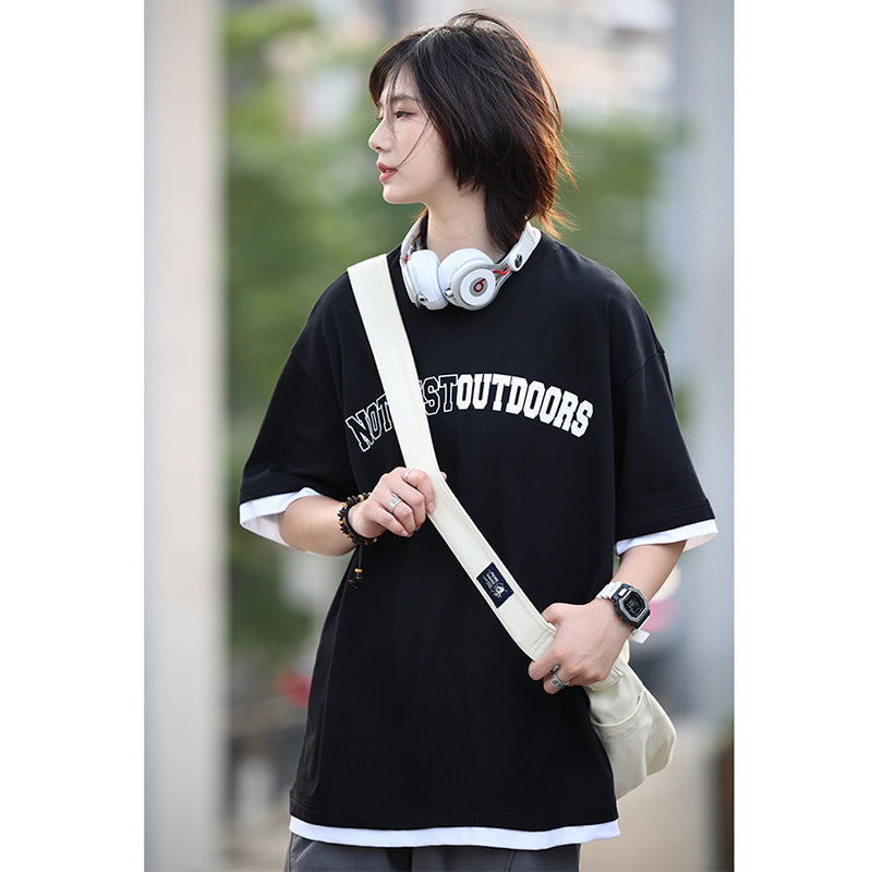 【NCLLWシリーズ】★Tシャツ★ 3color トップス 男女兼用 メンズ コットン フェイクレイヤード アルファベット 黒 白 赤