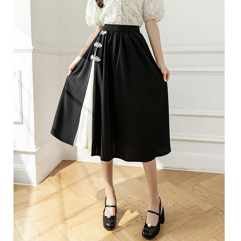 [Women's University 18 Series] ★China Style Skirt★ Bottoms Ladies Switching Black Black Elastic Waist