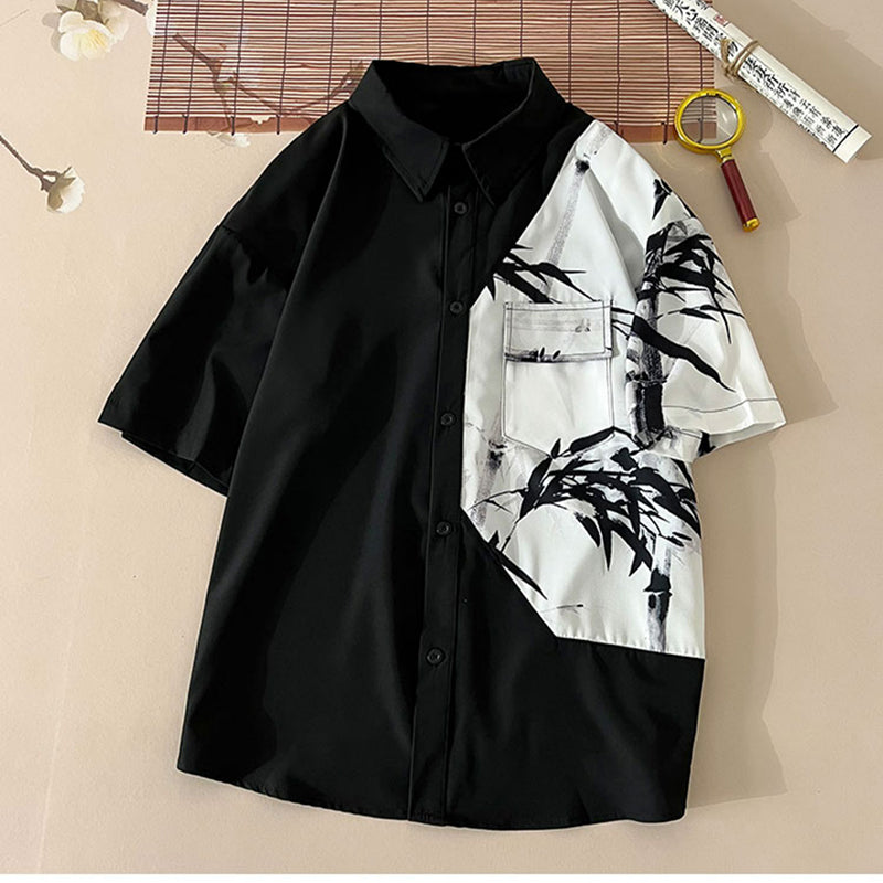 [BIGEMAN Series] ★China style tops★ 2color shirt, bamboo pattern, bamboo, short sleeves, unisex, men's, large size, black white