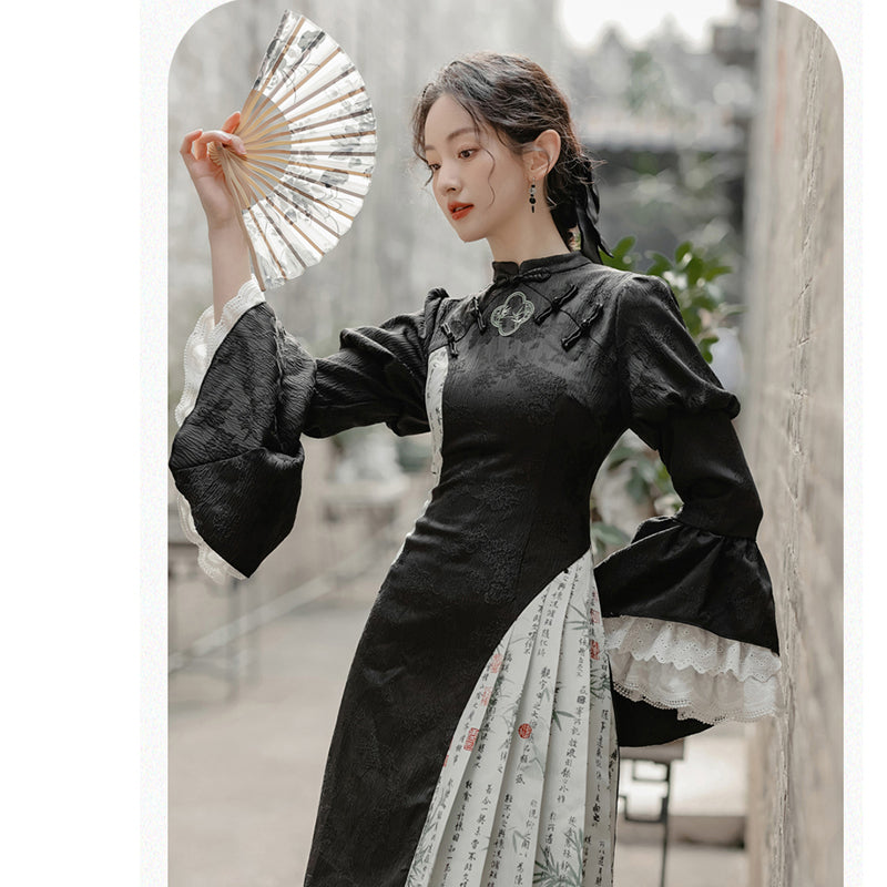 [Ink year flower series] ★China style dress★ Improved cheongsam dress Switching Letter pattern Kanji pattern Black Black