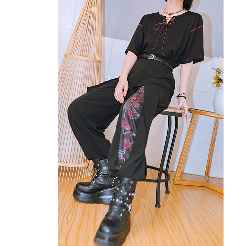 [Kokaisha Series] ★China style pants★ Chiffon gaucho pants Spring/Summer Loose Black Black SML XL