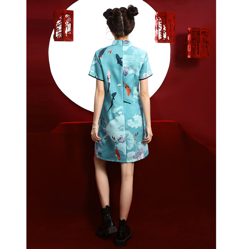 [MOMO Series]★Cheongsam dress★ Chinese style dress, short sleeves, short length, retro blue, blue