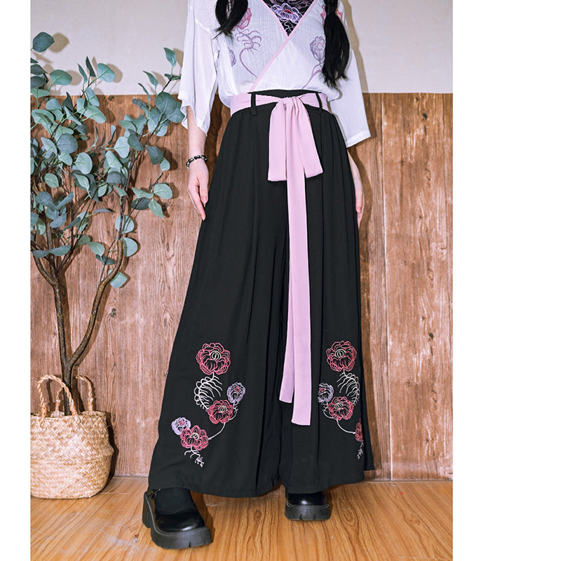 [Kokaisha Series] ★China style pants★ Chiffon gaucho pants Spring/Summer Loose Black Black SML XL