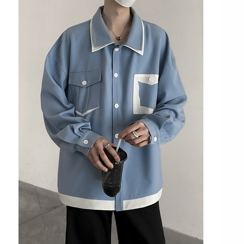 [Takashi Series]★Shirt★ 3color Tops Unisex Men's Fake Layered Blue Black White Casual