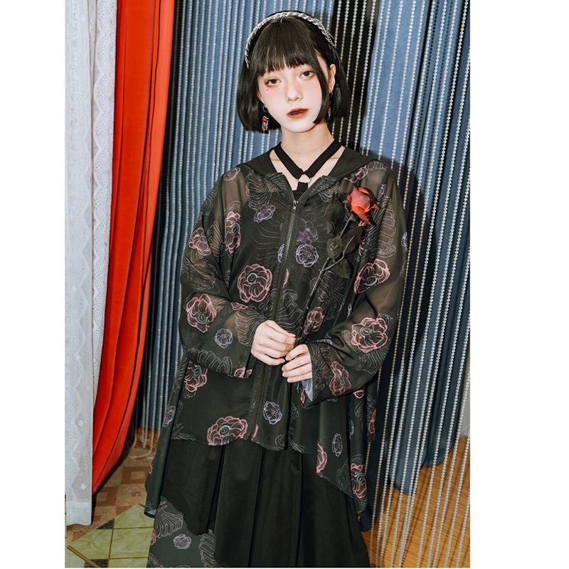 [Kogaisha---Flower Bone Series] ★Chinese-style outerwear★ Thin outerwear, sun protection, sheer, floral pattern, comes with hat