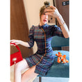 Load image into Gallery viewer, [WEISILU Series]★Cheongsam dress★ Chinese-style dress, plaid pattern, short length, date, wedding, blue-green
