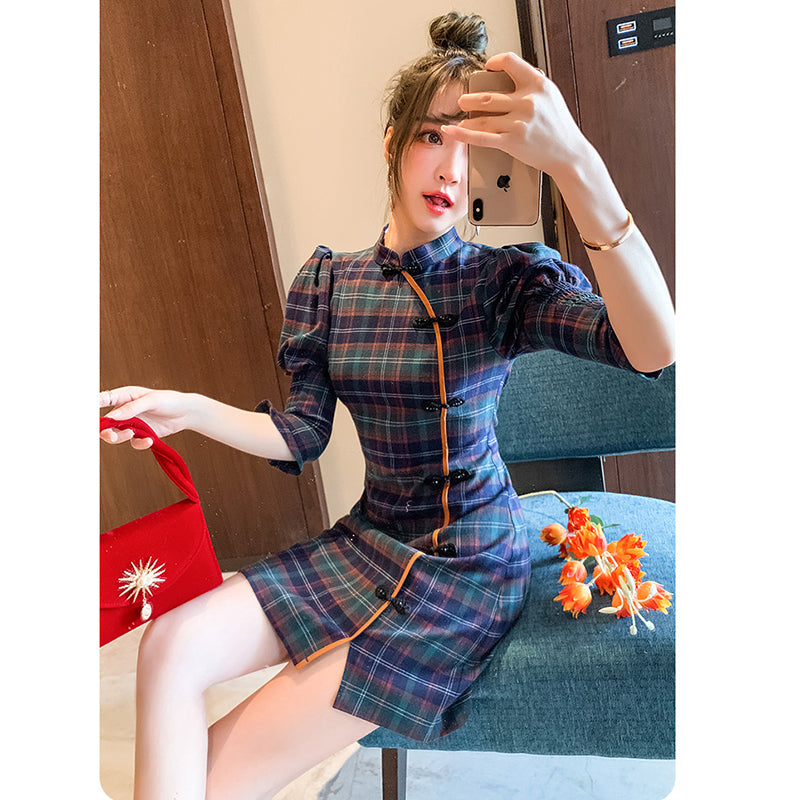 [WEISILU Series]★Cheongsam dress★ Chinese-style dress, plaid pattern, short length, date, wedding, blue-green