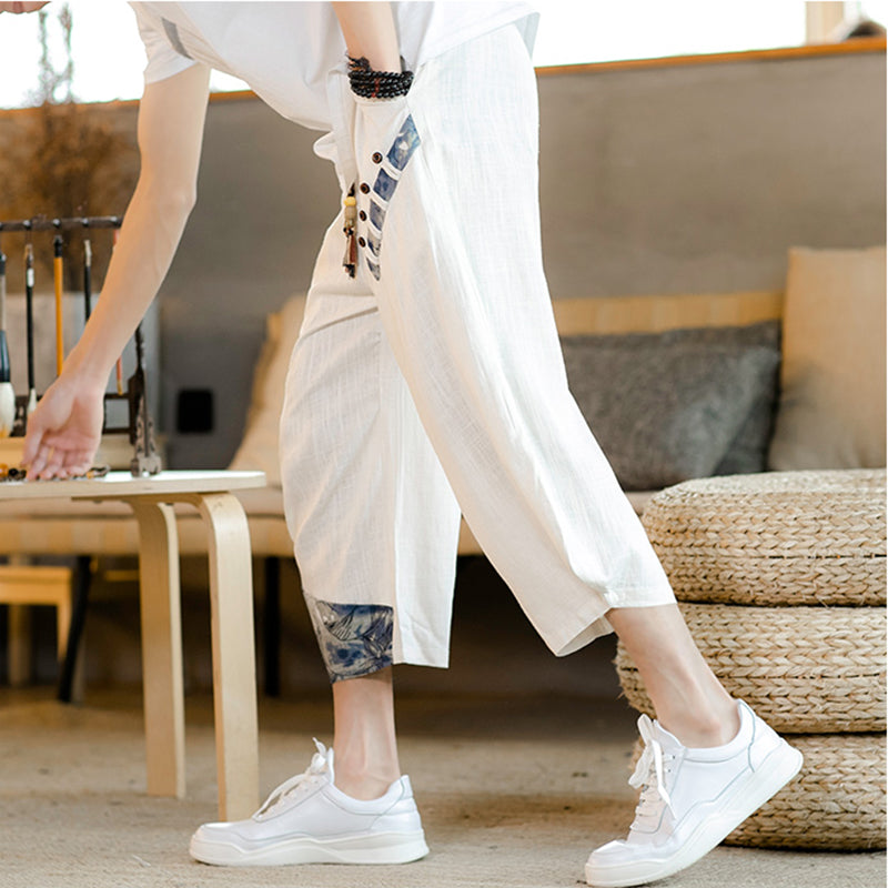 [YONGYAN Series] ★Chinese-style pants★ 5 colors, 3/4 length, unisex, men's, large size, cotton linen