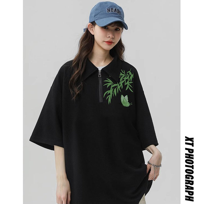 [LPZ Series] ★Chinese-style tops★ 2 colors POLO shirts Unisex Men's Large sizes Butterfly Bamboo Simple Black Beige