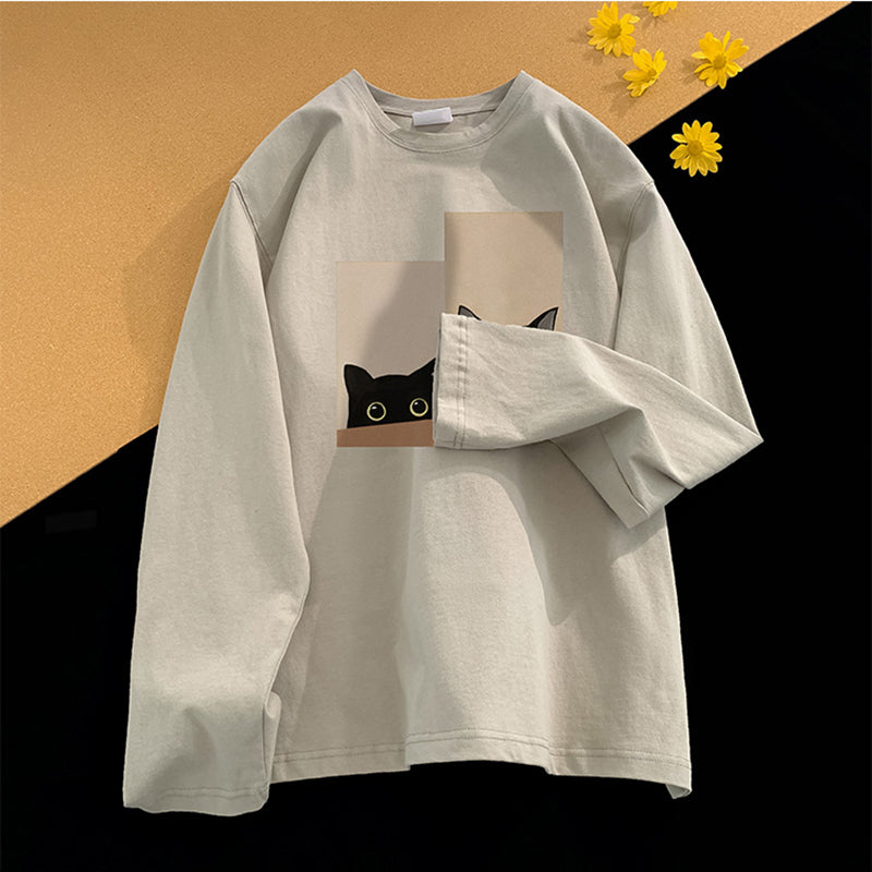 【SENSUシリーズ】★Tシャツ★ 5color 長袖Tシャツ 男女兼用 メンズ 大きいサイズ 猫 ねこ プリント コットン