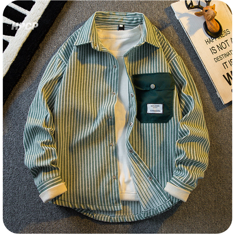 [HPCP Series]★Shirt★ 3color Tops Long Sleeve Shirt Unisex Men's Vertical Striped Striped Pattern Black Khaki Brown Green