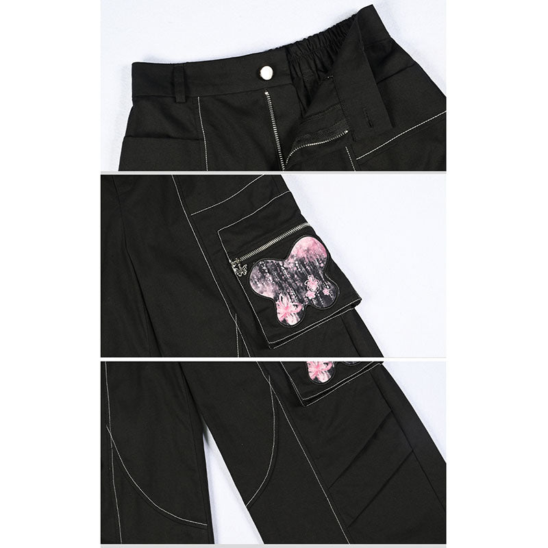 [Kokaisha---Butterfly Gin Series] Chinese-style trousers, bottoms, gaucho pants, original, slimming, switching, floral pattern