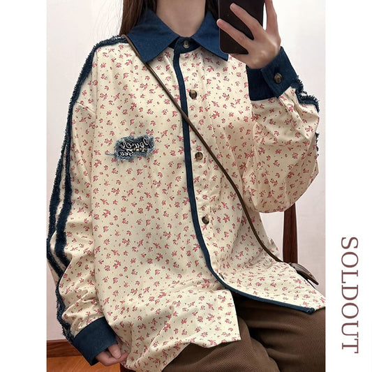 ✿New item! [SOLDOUT Series]★Shirt★ Floral pattern shirt, long sleeve shirt, tops, unisex, men's, switching, easy to match