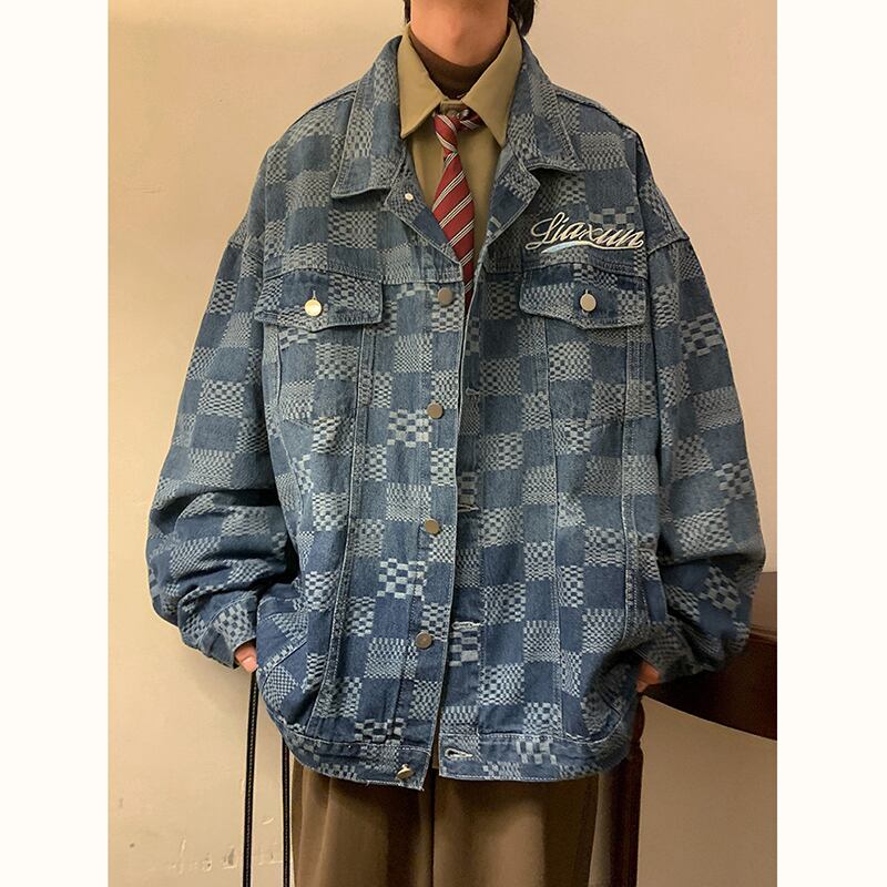 [BAOYAN Series] ★Jacket★ Denim jacket outerwear jeans unisex men's plaid pattern blue blue