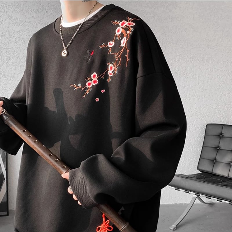 [CHAOMEICHEN Series]★China style tops★ 4color embroidered sweatshirt unisex men's large size black red gray