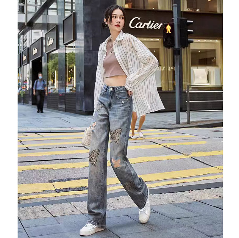 [HANMOYAN Series] ★Denim pants★ Pants Bottoms Butterfly Unique Women's Cute Easy to match