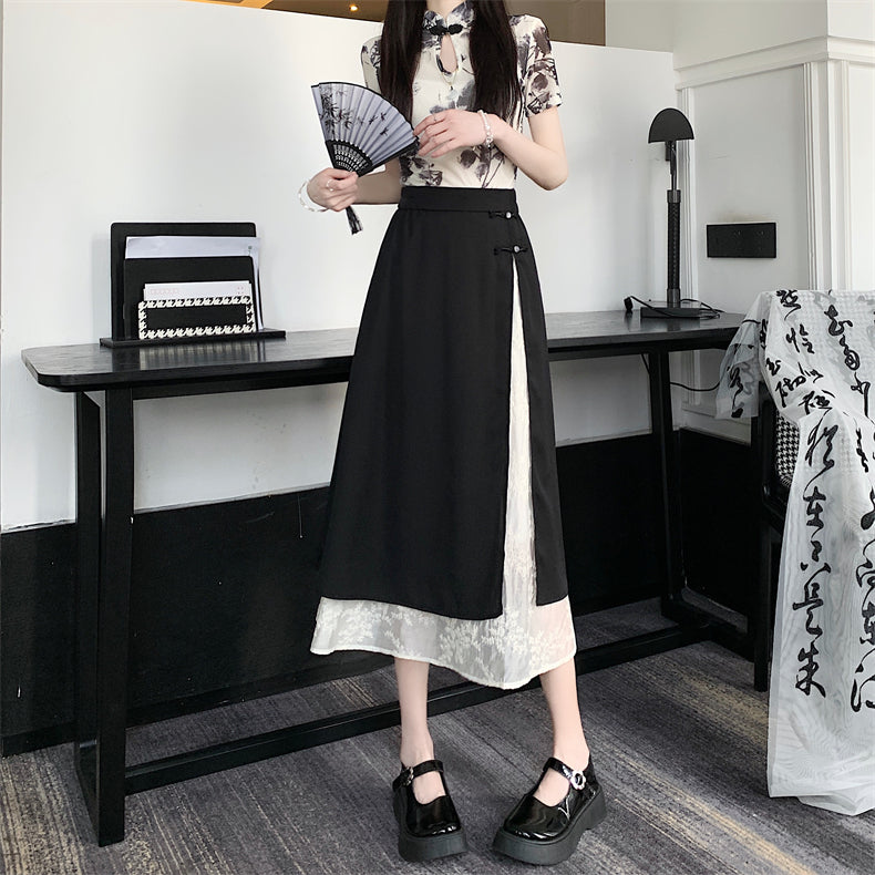 [FQXD Series]★China Style Skirt★ Bottoms Ladies Switching Black Black Elastic Waist