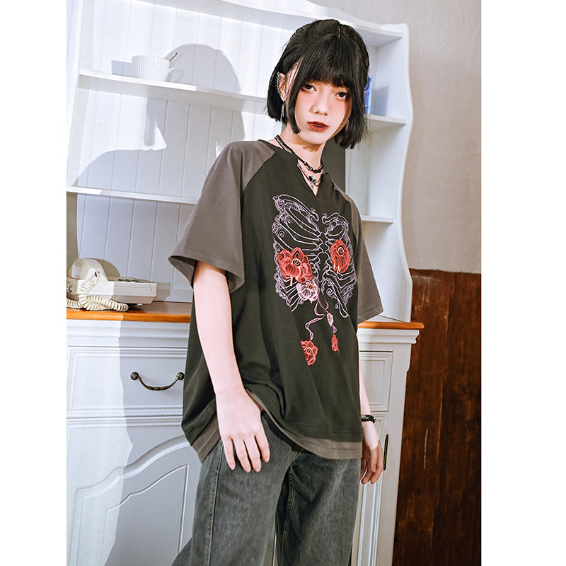 [Kokaisha---Hanabone Series] ★Chinese-style top★ Short-sleeved T-shirt, printed, unique, original, V-neck, cotton