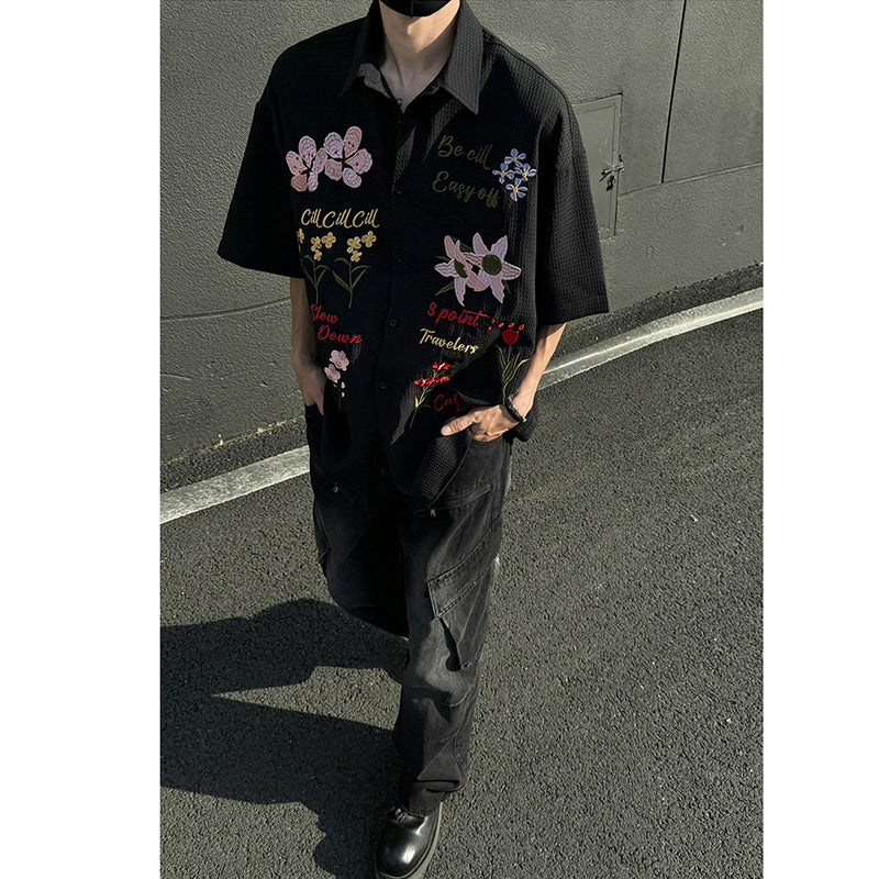 [NANSHI Series]★Shirt★ 2color Tops Embroidery Floral Pattern Short Sleeve Unisex Men's Casual Retro