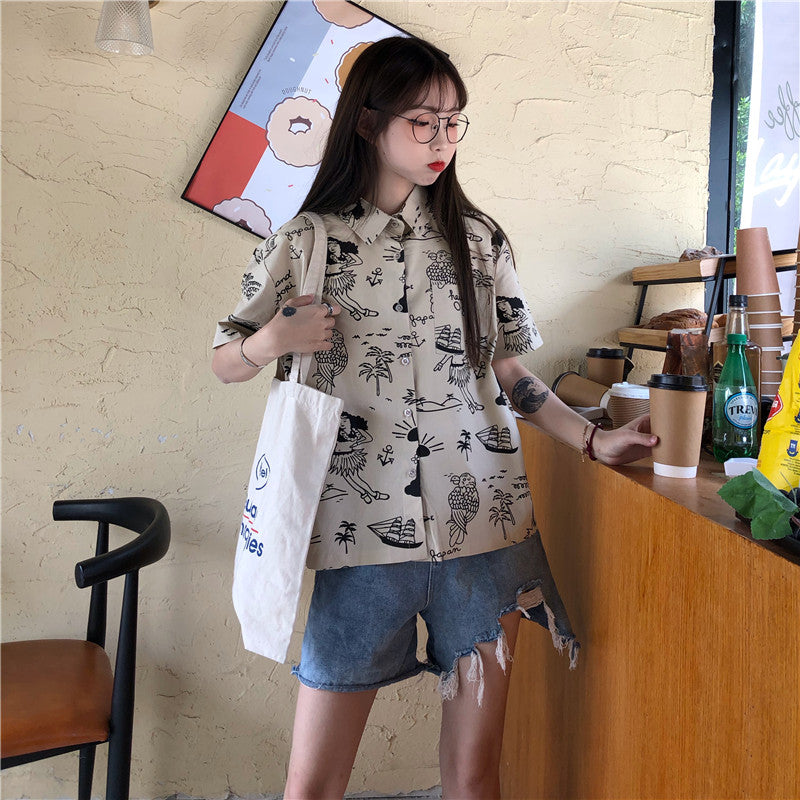 [FENGCAITU Series] ★Shirt★ Tops, short sleeves, printed, women's, unique, cute, ML, XL, retro