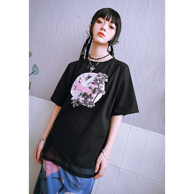 【古怪舍---問鶴シリーズ】★チャイナ風トップス★ 半袖 Tシャツ 個性的 鶴 鶴柄 切り替え コットン ブラック 黒