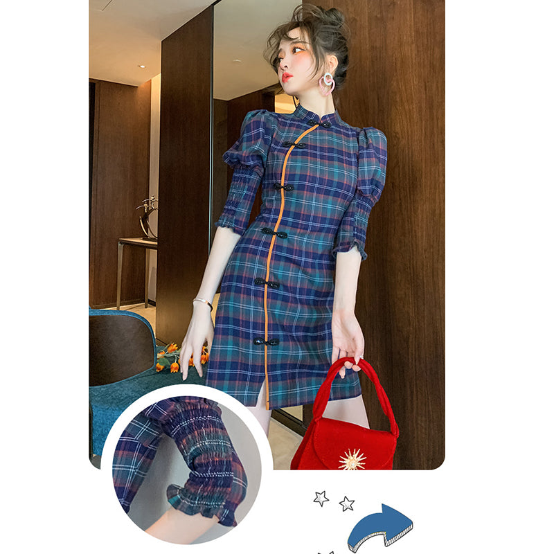 [WEISILU Series]★Cheongsam dress★ Chinese-style dress, plaid pattern, short length, date, wedding, blue-green